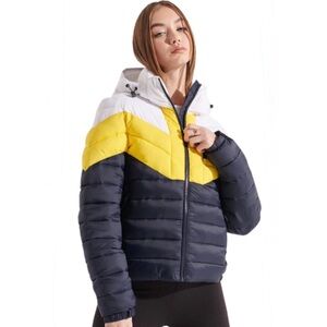 Superdry Colour-Block Fuji Puffer Jacket Size 6 Navy, Yellow, White NWT